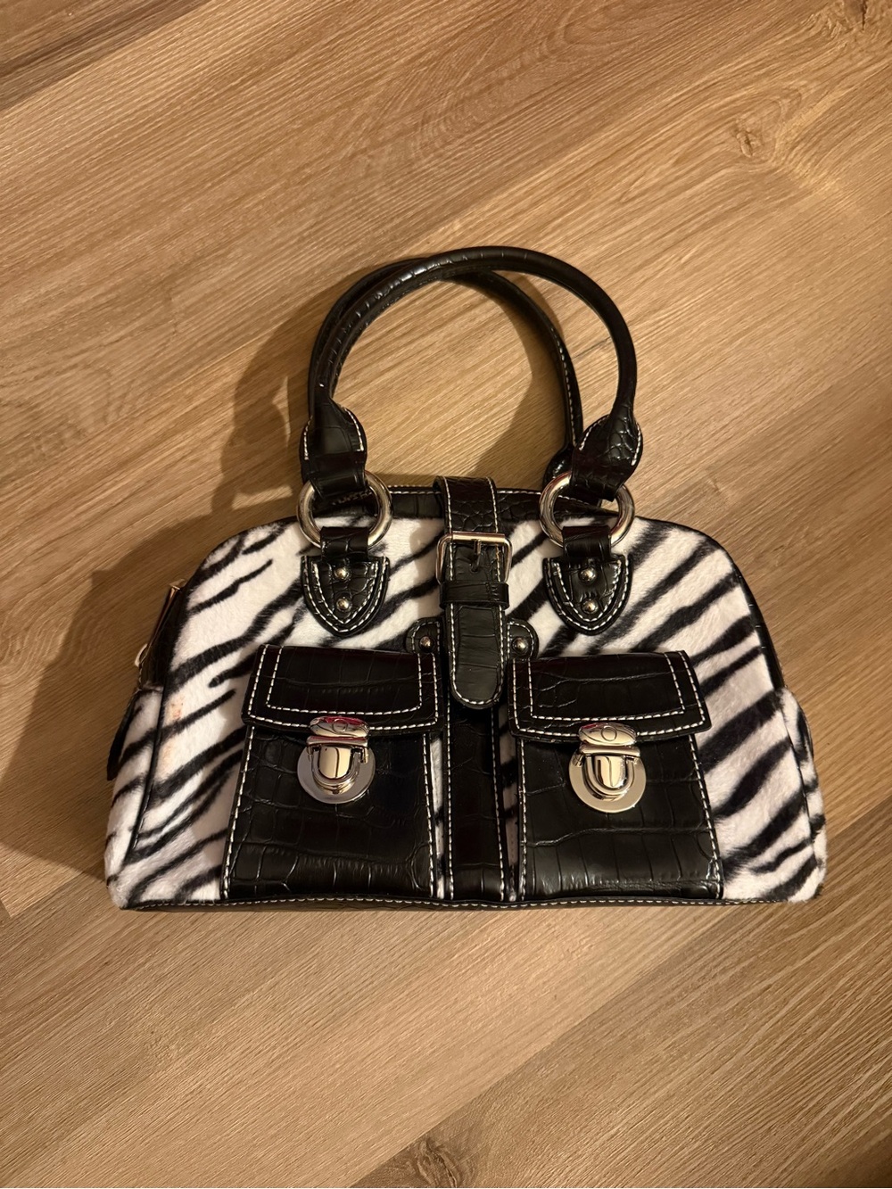 Y2K Black & White Zebra Print Handbag with Black Accents
